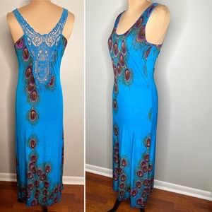 Blue Maxi Dress Peacock Feather Crochet Cottagecore Feathers